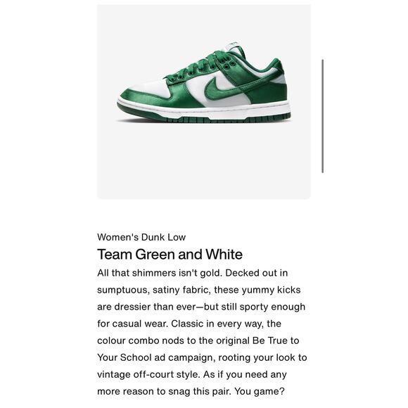 NIKE- Dunk Low Varsity Satin Green and White - US 7 - Picture 1 of 14